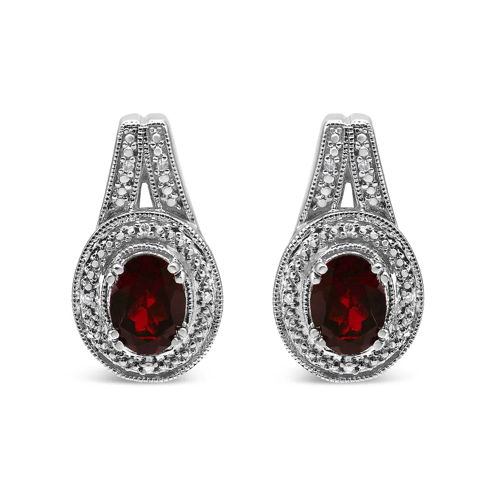 .925 Sterling Silver Diamond Accent and 8x6mm Red Oval Garnet Stud Earrings (I-J Color, I1-I2 Clarity) - Grocery