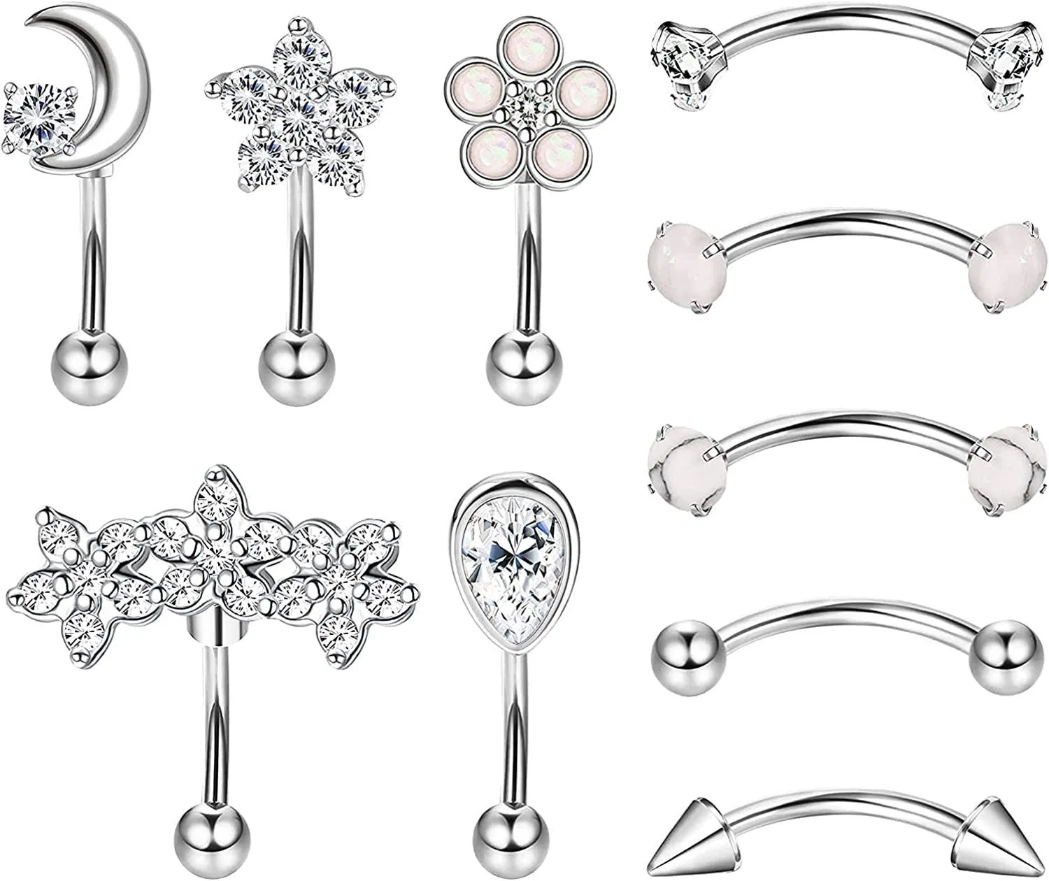 10PCS Stainless Rook Daith Earring for Women Curved Barbell Eyebrow Rings Belly Lip Ring Cartilage Tragus Body Piercing CZ Flower Rook Piercing - Grocery