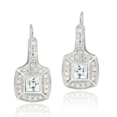 Sterling Silver CZ Square Leverback Earrings - Grocery