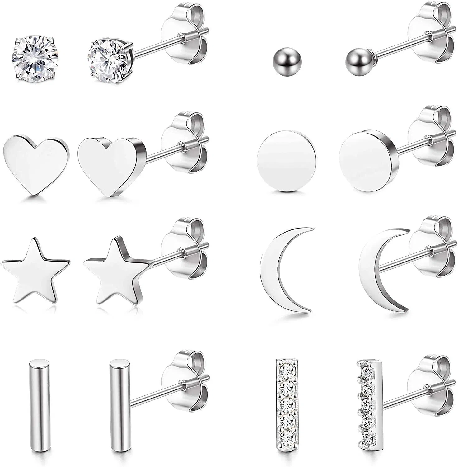8 Pairs Stud Earrings for Women Men Cute Star Moon Heart Bar Ear Studs Dainty CZ Tiny Stud Earring Stainless Earrings Set Silver/Rose Gold/Gold - Grocery