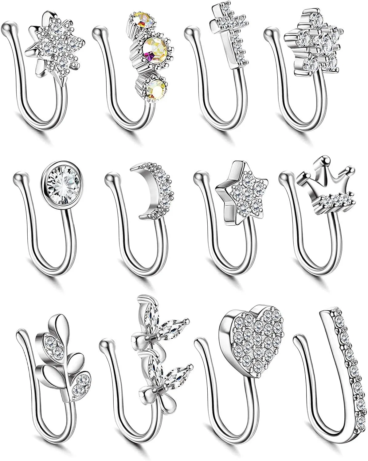 12 Pcs Hypoallergenic Fake Nose Rings Inlaid CZ Heart Star Fake Piercing Nose Rings for Women Men Clip On Nose Cuff for Non Piercing - Grocery