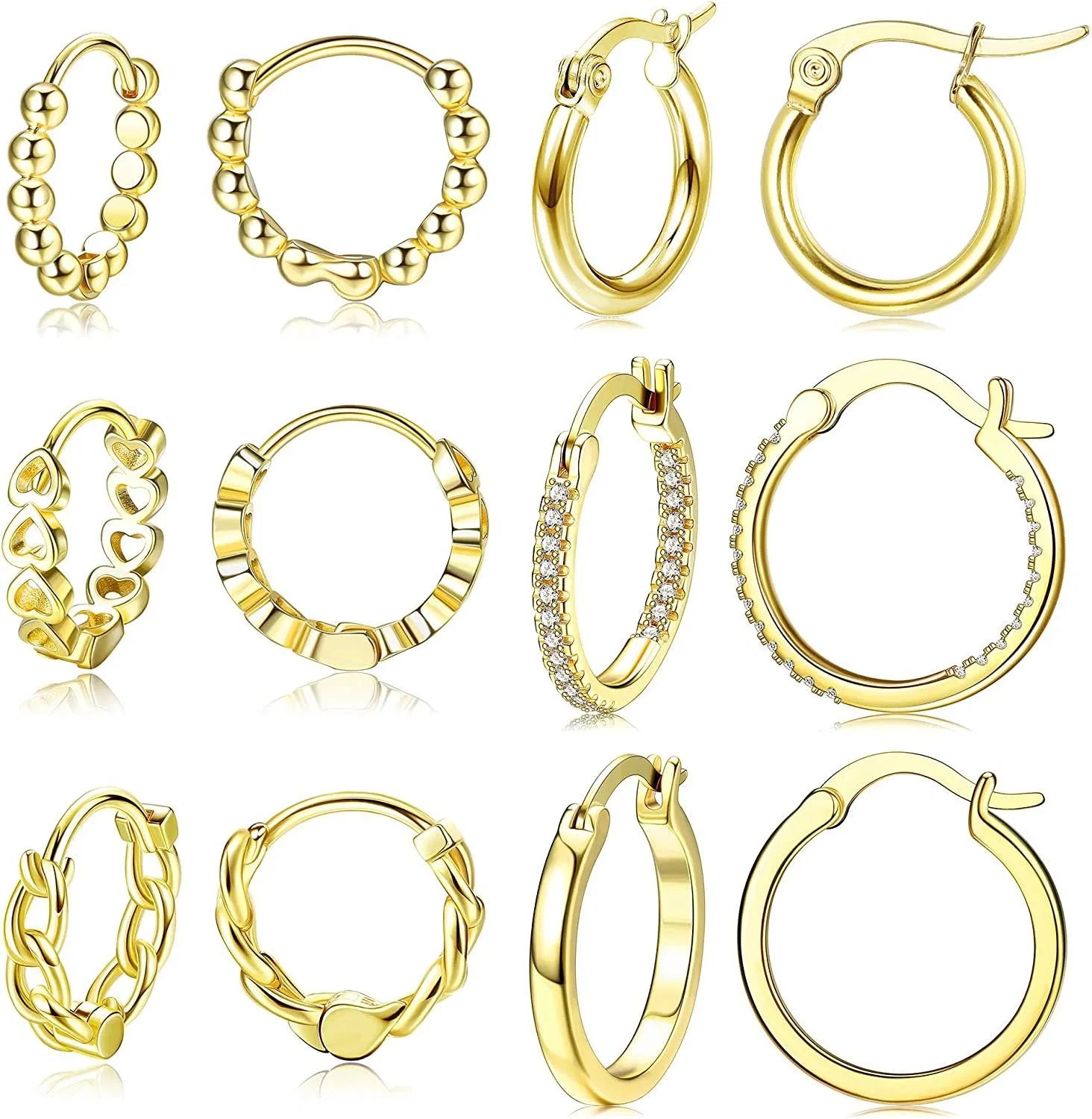 6 Pairs Stainless Small Hoop Earrings for Women Men Minimalist Heart Hoops Mini Link Hoops Cubic Zirconia Huggie Hoop Earrings Ear Piercing Set - Grocery