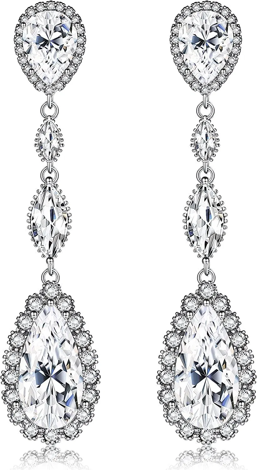 White Gold Plated Wedding Dangle Earrings for Brides Birdesmaid Crystal Cubic Zirconia Long Drop Bridal Earrings for Women Prom - Grocery