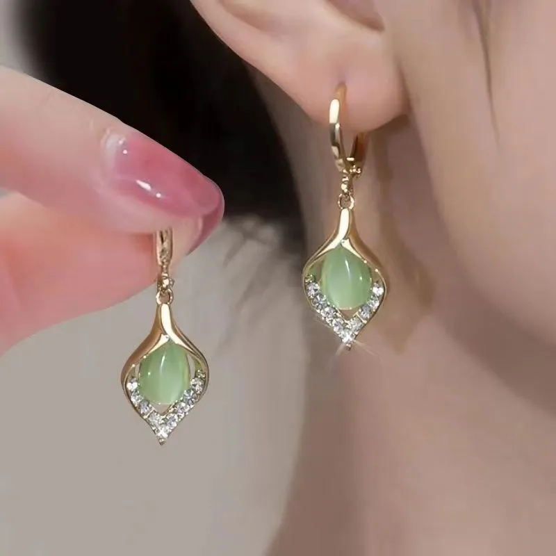 1 Pair Dangle Earrings; Green/White Opal Drop Style; Women's Jewelry - Grocery