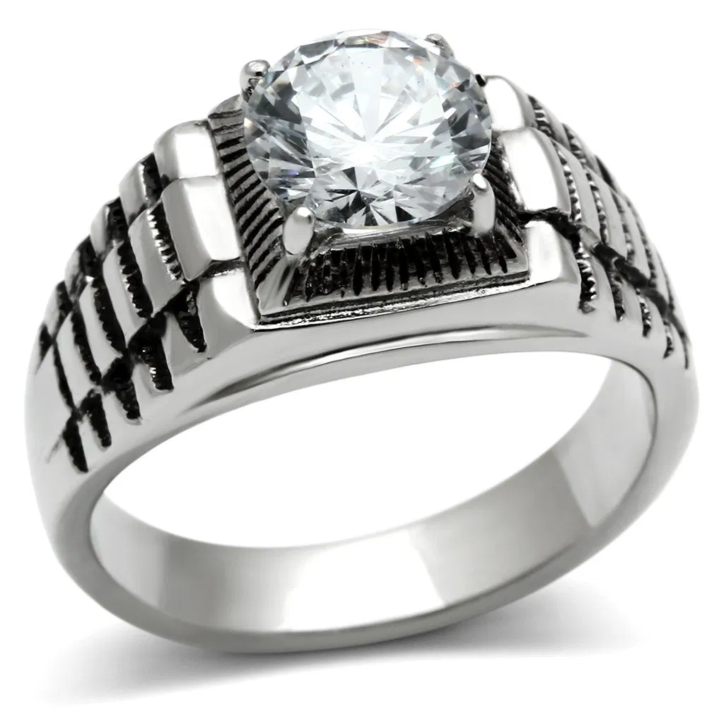TK485 - High polished (no plating) Stainless Steel Ring with AAA Grade CZ in Clear - Grocery