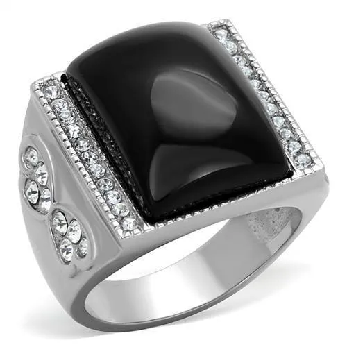 TK1767 - High polished (no plating) Stainless Steel Ring with Synthetic Synthetic Glass in Jet - Grocery