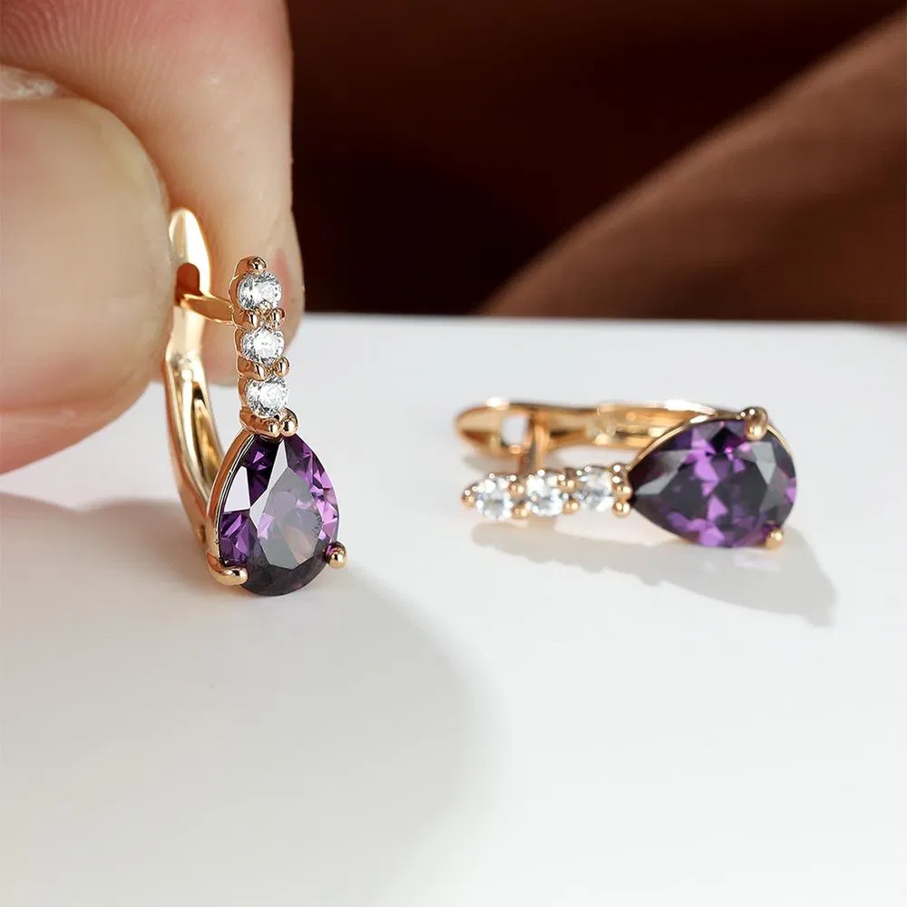 Colorful Teardrop Zircon Decor Clip On Earrings Elegant Sexy Style Copper 18K Gold Plated Jewelry Female Gift - Grocery
