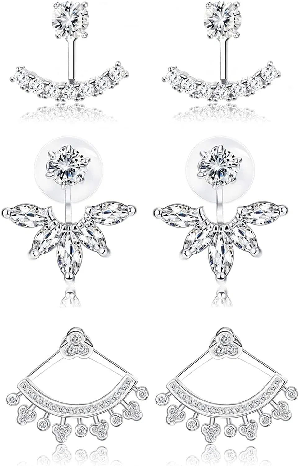 3 Pairs 18K White Gold Plated Clear Crystal Leaf Feather Stud Earrings - Grocery