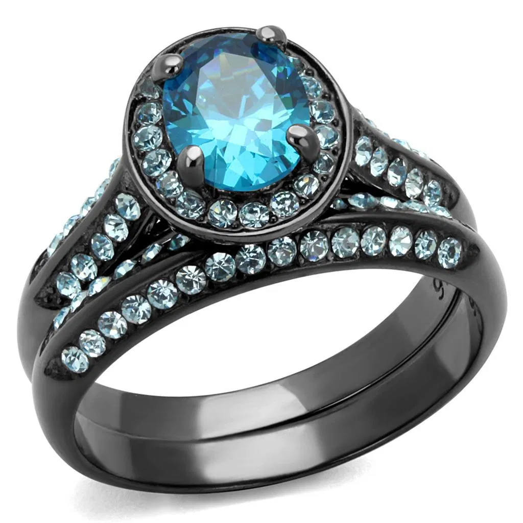 TK1W163LJ - IP Light Black (IP Gun) Stainless Steel Ring with AAA Grade CZ in Sea Blue - Grocery