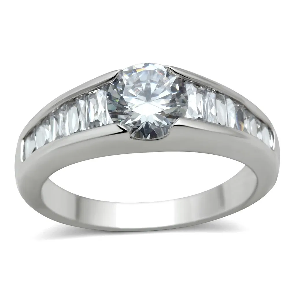 3W133 - Rhodium Brass Ring with AAA Grade CZ in Clear - Grocery