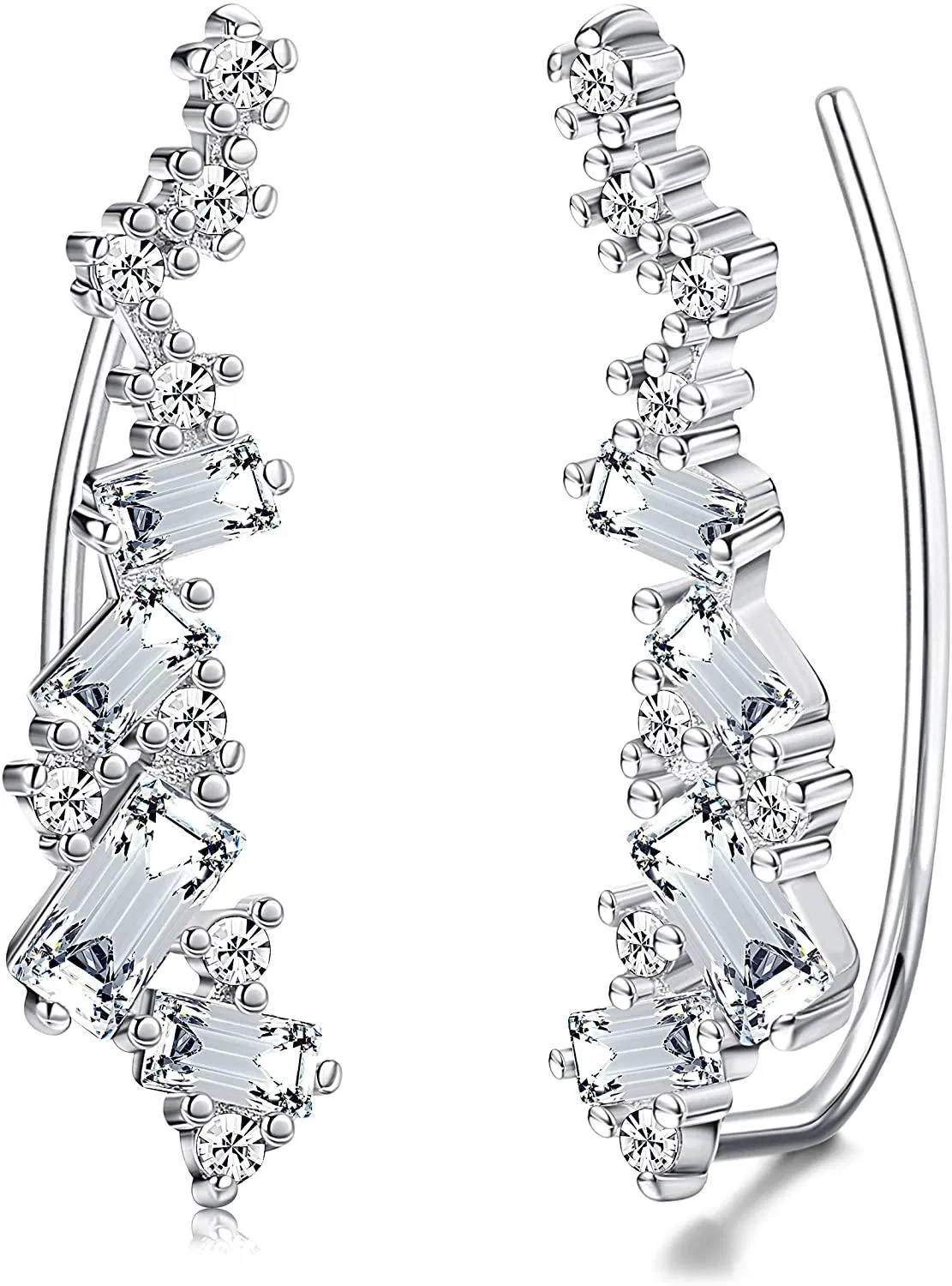 925 Sterling Ear Crawler Earrings 14K Gold Plated Earring Cuffs Sparkly Emerald Cut Cubic Zirconia Ear Climber Earrings for Women - Grocery
