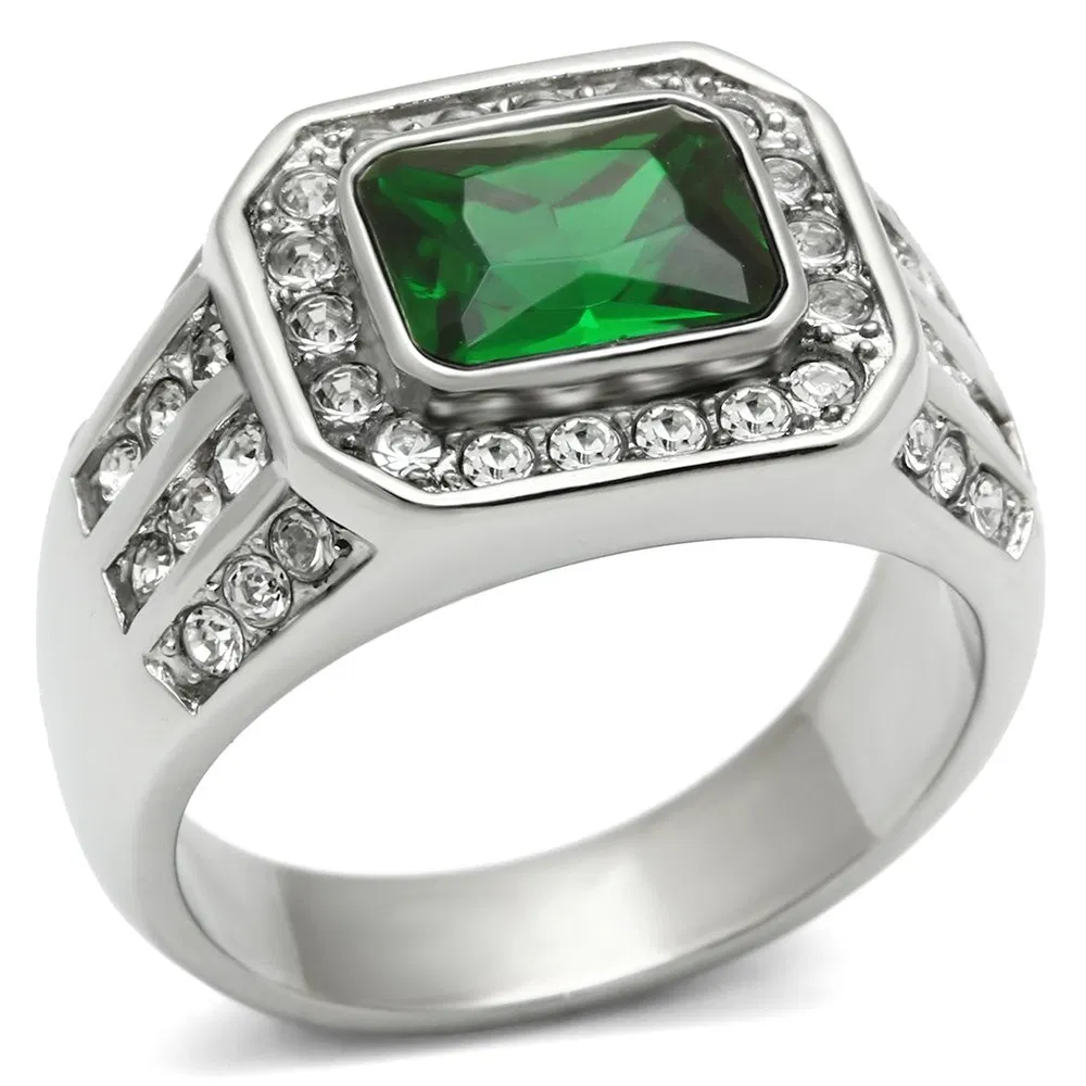 TK495 - High polished (no plating) Stainless Steel Ring with Synthetic Synthetic Glass in Emerald - Grocery