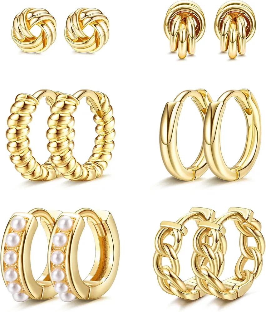 6 Pairs 14K Gold Plated Small Huggie Hoop Earrings for Women Gold Stud Knot Earrings Set - Grocery