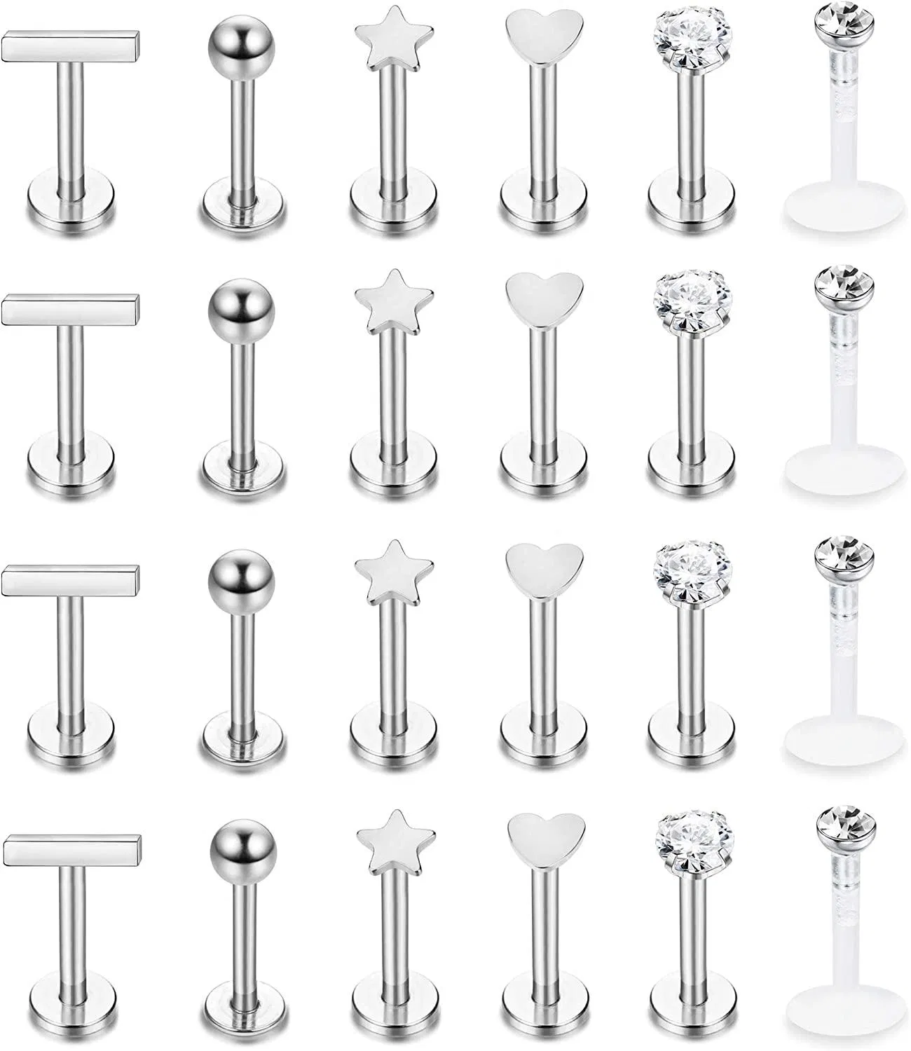 24PCS 16G 316L Stainless Labret Monroe Lip Ring Studs CZ Ball Heart Star Bar Clear Bioflex Cartilage Helix Tragus Nose Stud Piercing 8MM - Grocery