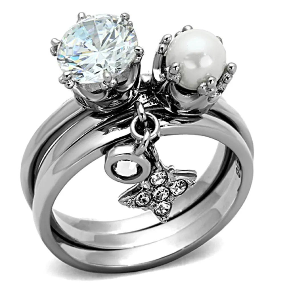 TK1497 - High polished (no plating) Stainless Steel Ring with AAA Grade CZ in Clear - Grocery