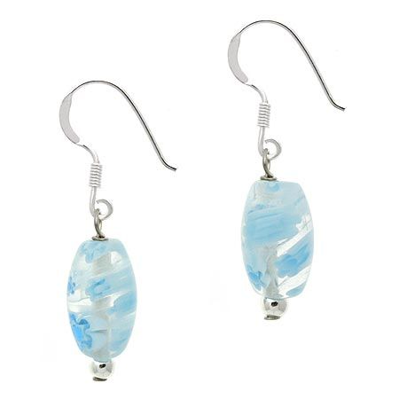 Sterling Silver Light Blue Millefiori Murano Glass Oval Dangle Earrings - Grocery