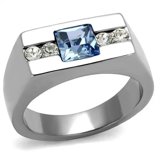 TK2307 - High polished (no plating) Stainless Steel Ring with Top Grade Crystal in Aquamarine - Grocery