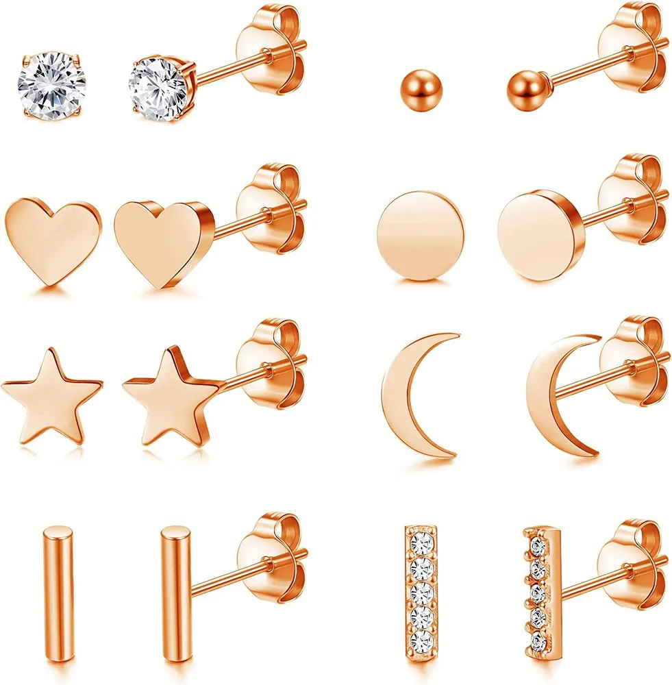 8 Pairs Stud Earrings for Women Men Cute Star Moon Heart Bar Ear Studs Dainty CZ Tiny Stud Earring Stainless Earrings Set - Grocery