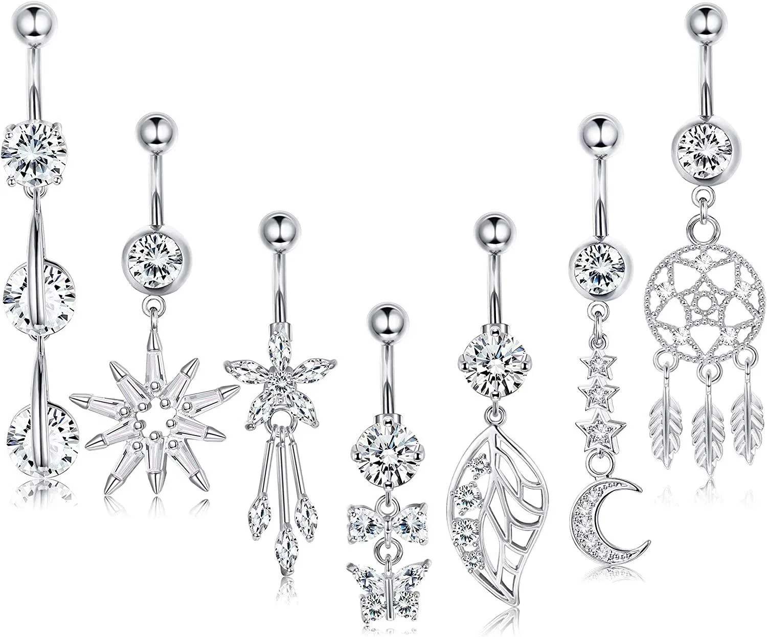 7 Pcs 14G Dangle Belly Button Rings for Women 316L Surgical Steel Navel Rings Belly Rings Barbell Body Piercing Jewelry - Grocery
