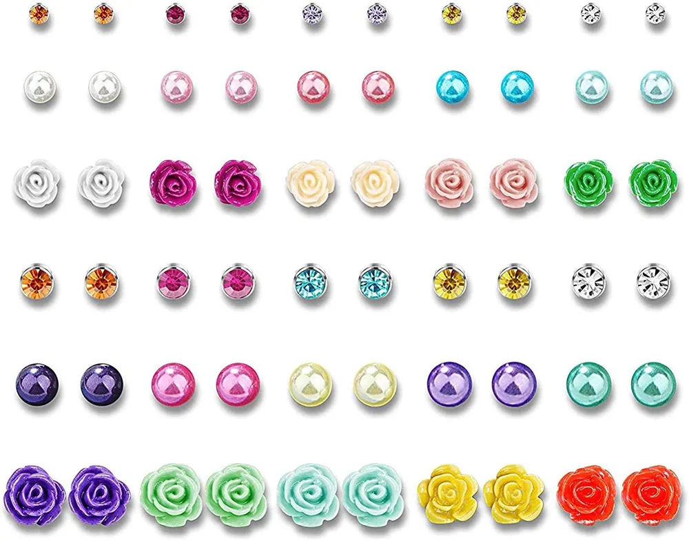 30Pairs Stainless Steel Stud Earrings Cute Assorted Flower Round Ball CZ Earrings Set for Girl - Grocery