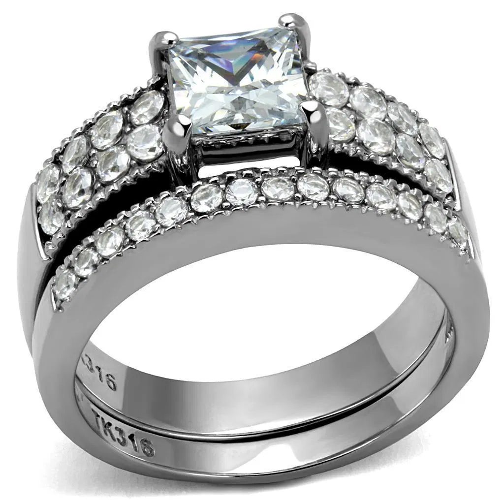 TK2915 - High polished (no plating) Stainless Steel Ring with AAA Grade CZ in Clear - Grocery