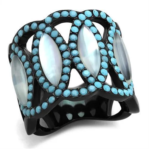 TK1421 - IP Black(Ion Plating) Stainless Steel Ring with Precious Stone Conch in White - Grocery
