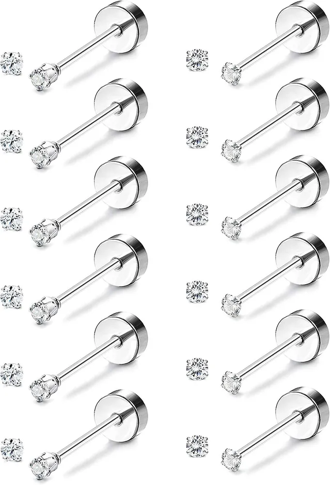 12 Pairs Stainless Tiny Stud Earrings 2MM Cubic Zirconia Stud Earring Clear CZ Earrings Set for Women Men - Grocery