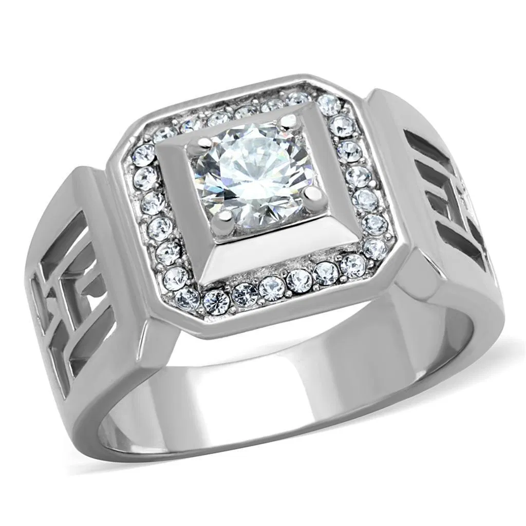 TK2046 - High polished (no plating) Stainless Steel Ring with AAA Grade CZ in Clear - Grocery