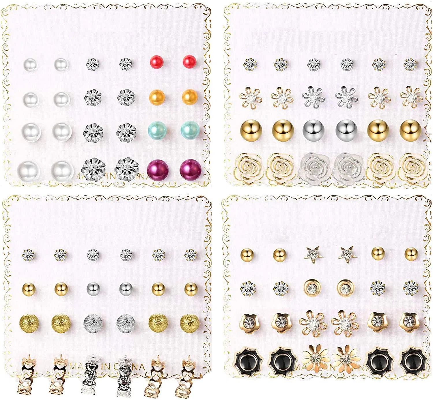 48Pairs Assorted Stainless Stud Earrings for Women Faux Pearl Sun Star Flower Ball CZ Small Statement Stud Earring Set - Grocery