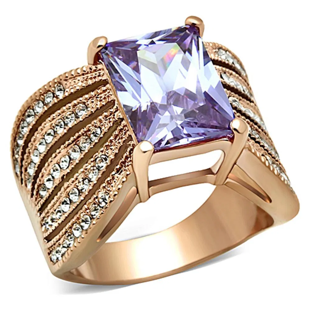 TK1490 - IP Rose Gold(Ion Plating) Stainless Steel Ring with AAA Grade CZ in Light Amethyst - Grocery