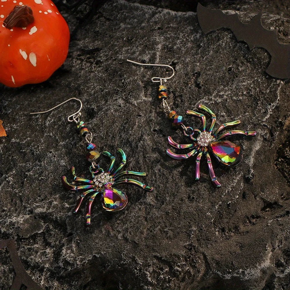 Halloween Colorful Rhinestone Spider Design Dangle Earrings Cute Vocation Style Zinc Alloy Jewelry Female Gift - Grocery