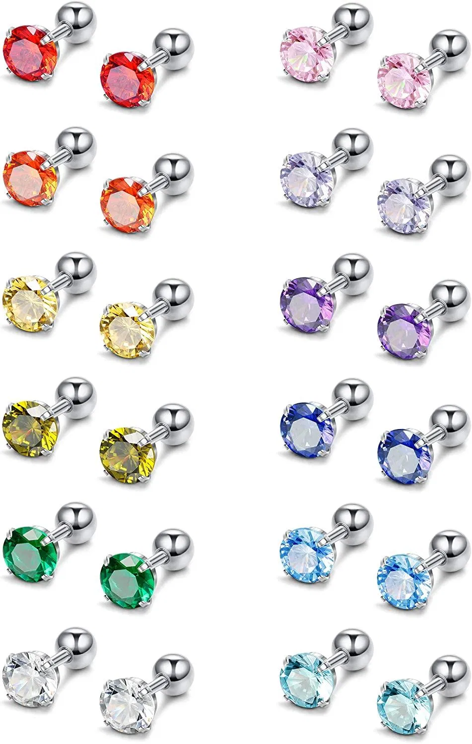 12 Pairs CZ Stud Earrings for Women Birthstone Piercing Earring for Tragus Cartilage 3-8MM - Grocery