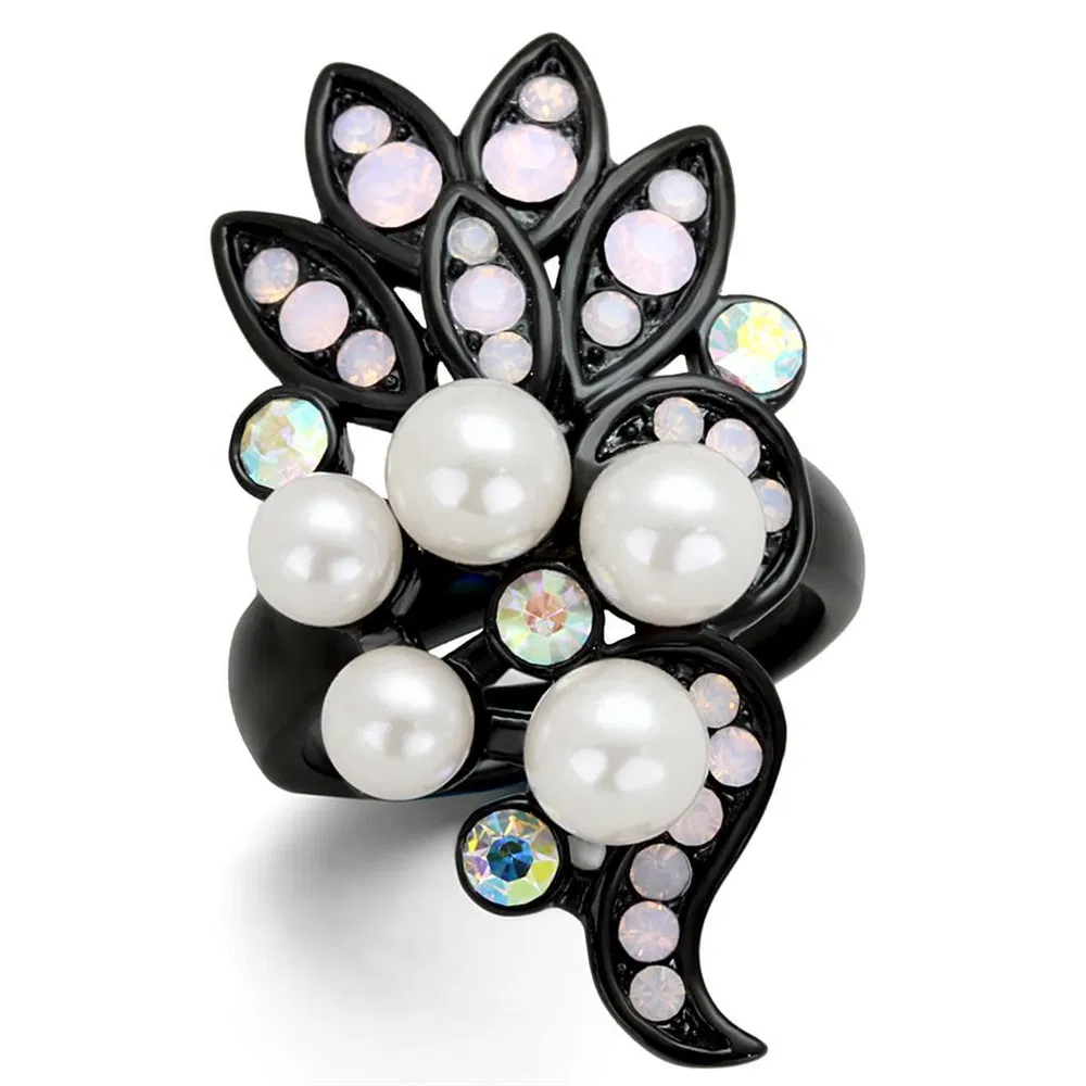 TK2138 - IP Black(Ion Plating) Stainless Steel Ring with Synthetic Pearl in Light Rose - Grocery