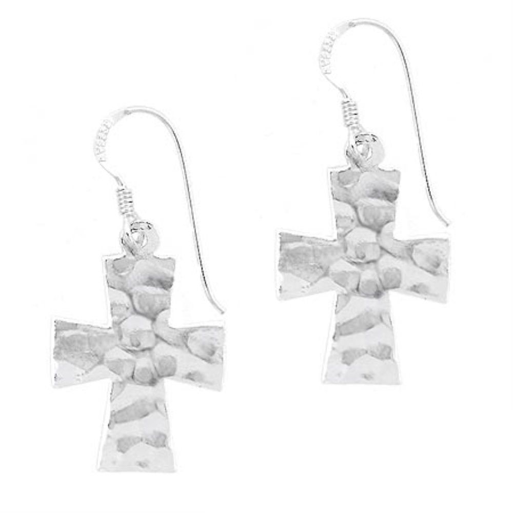 Sterling Silver Hammered Cross Dangle Earrings - Grocery