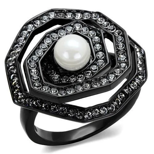 TK1861 - IP Black(Ion Plating) Stainless Steel Ring with Synthetic Pearl in White - Grocery