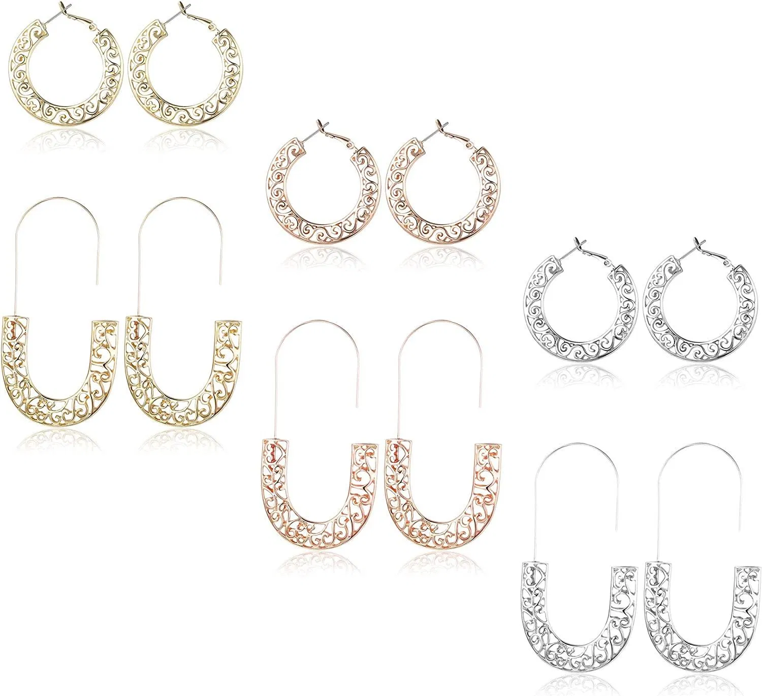 Filigree Hoop Earrings / Stainless Dainty Sculpture Geometric Filigree Huggie Drop Dangle Earrings Set - Grocery