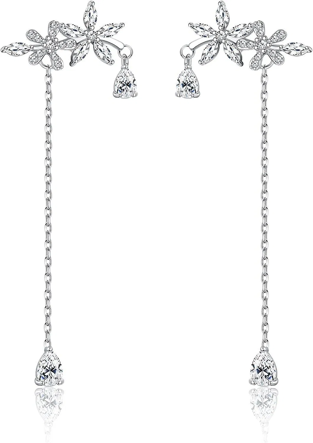 925 Sterling Silver Dangling Earrings for Women CZ Flower Cuff Ear Crawler Earrings Kpop Earrings - Grocery