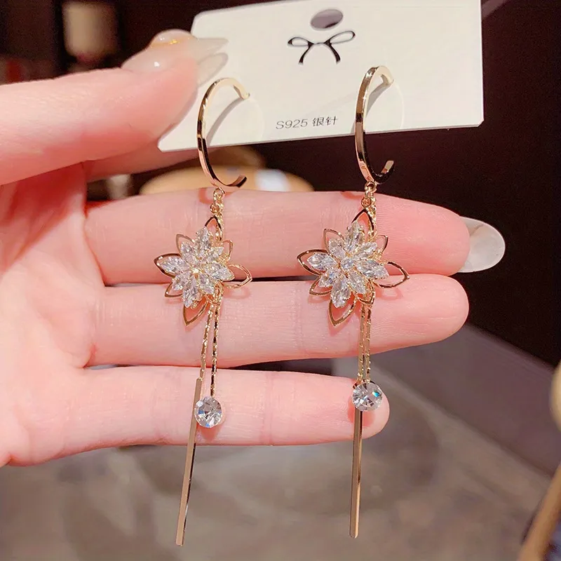 Women's Elegant Flower Zircon Long Drop Earrings 925 Silver Plated Party Jewelry Gift - Grocery