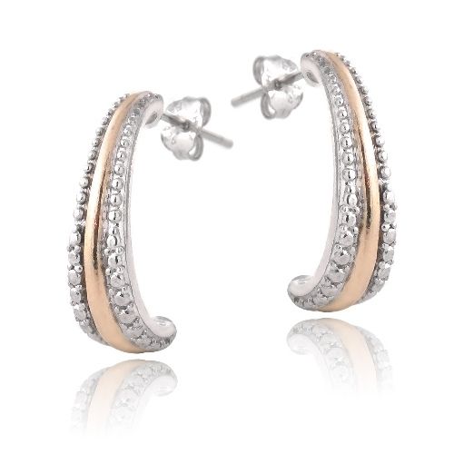 Sterling Silver Two Tone Rose Gold Tone over Silver Stripe Half Hoop Earrings - Grocery