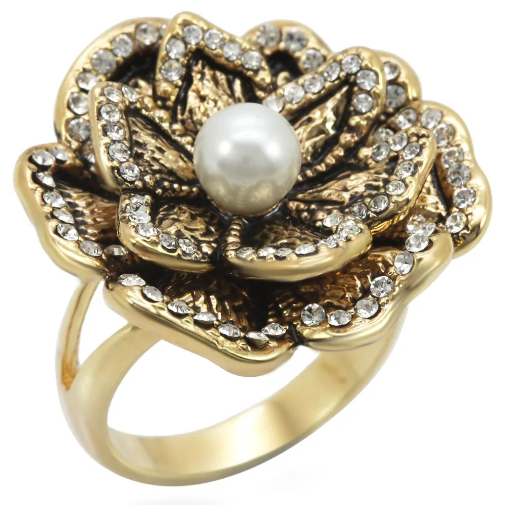 1W063 - Gold Brass Ring with Synthetic Pearl in Citrine Yellow - Grocery