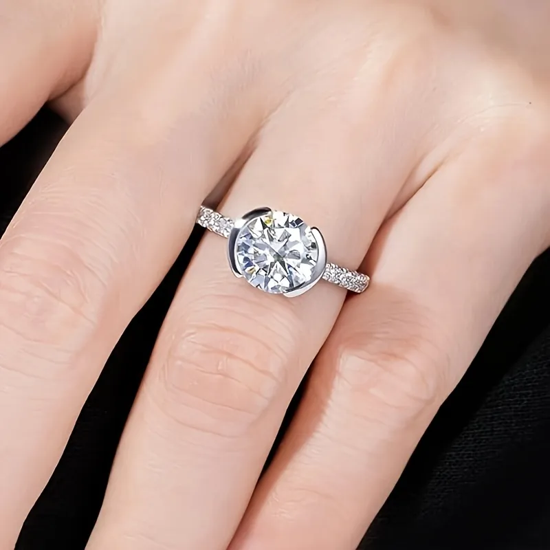 Women's Moissanite Engagement Ring Half Mount Lab-Grown Diamond Promise Ring 14K White Gold Plated Gift - Grocery