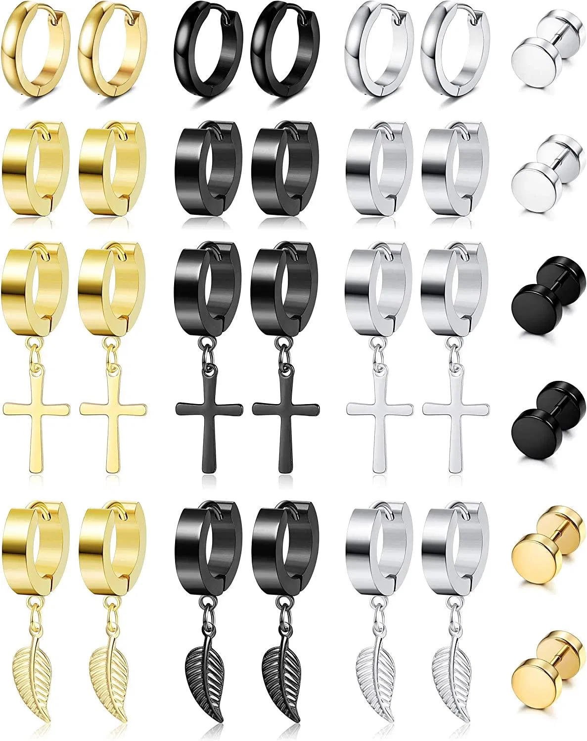 15 Pairs Dangle Vintage Huggie Hoop Earrings for Men Women Stainless Hinged Stud Tunnel Earrings Piercing Set - Grocery