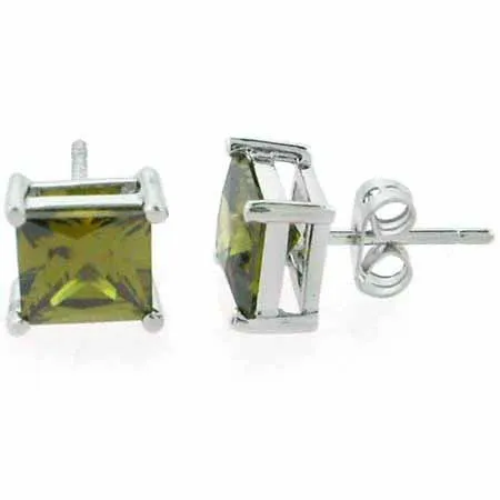 Sterling Silver Olive Green CZ Square Stud Earrings - Grocery