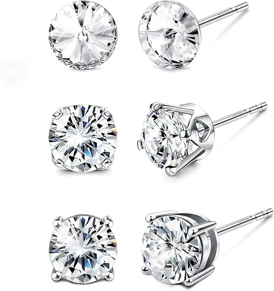 3 Pairs 925 Sterling Silver Austria Crystal Stud Earrings 3 Styles of Claw Clasps Round-Cut set Earrings for Women men - Grocery