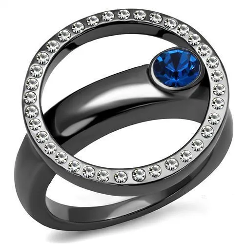 TK2974 - IP Light Black (IP Gun) Stainless Steel Ring with Top Grade Crystal in Capri Blue - Grocery