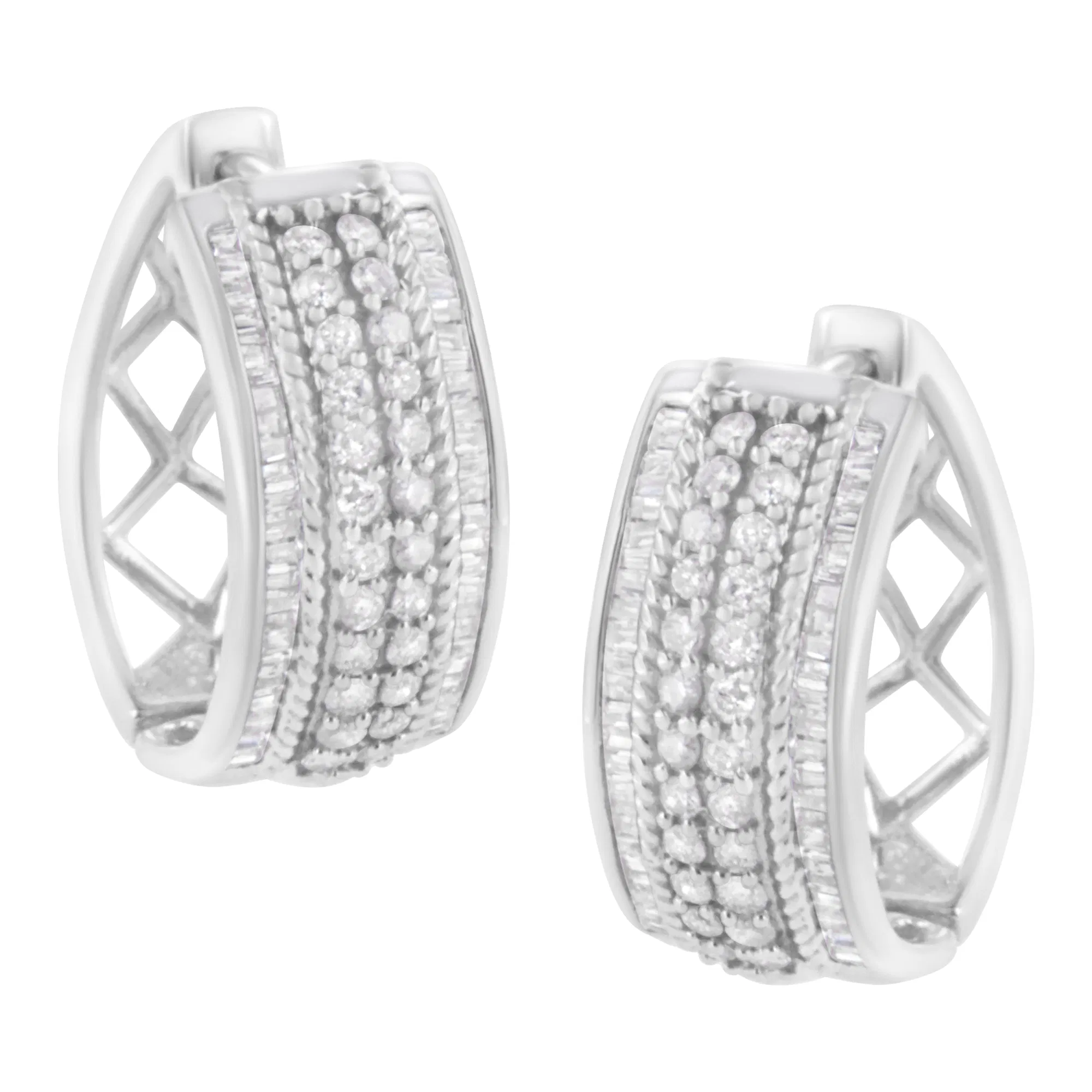 .925 Sterling Silver 1.0 Cttw Round and Baguette-Cut Diamond Hoop Earring (H-I Color, I2-I3 Clarity) - Grocery