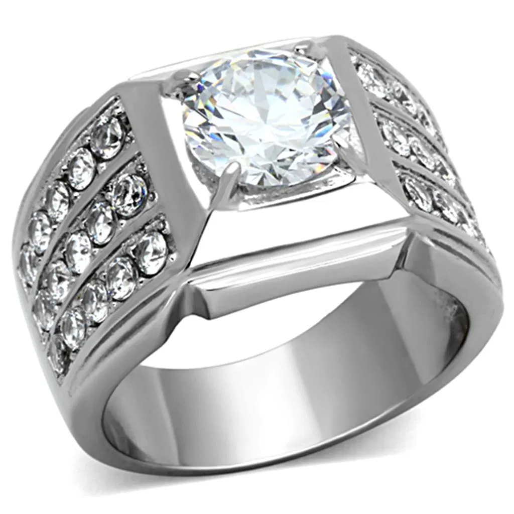 TK1233 - High polished (no plating) Stainless Steel Ring with AAA Grade CZ in Clear - Grocery