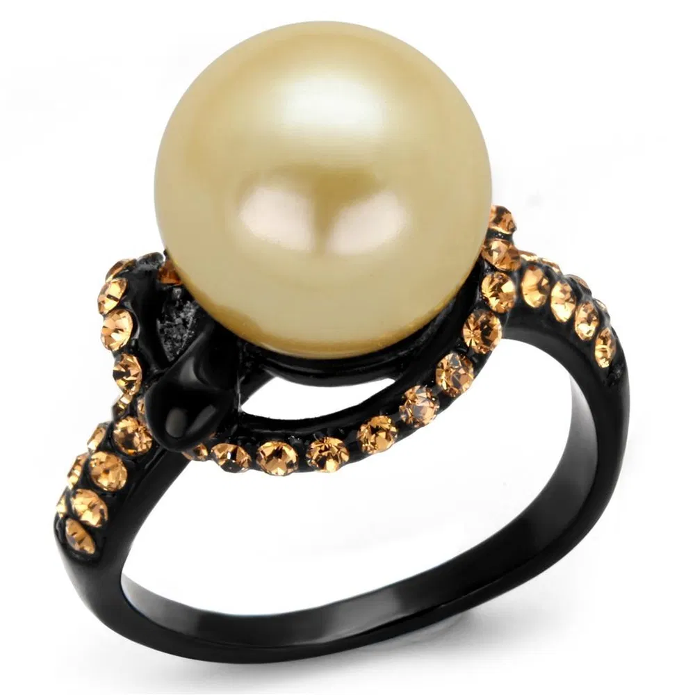 TK2349 - IP Black(Ion Plating) Stainless Steel Ring with Synthetic Pearl in Topaz - Grocery