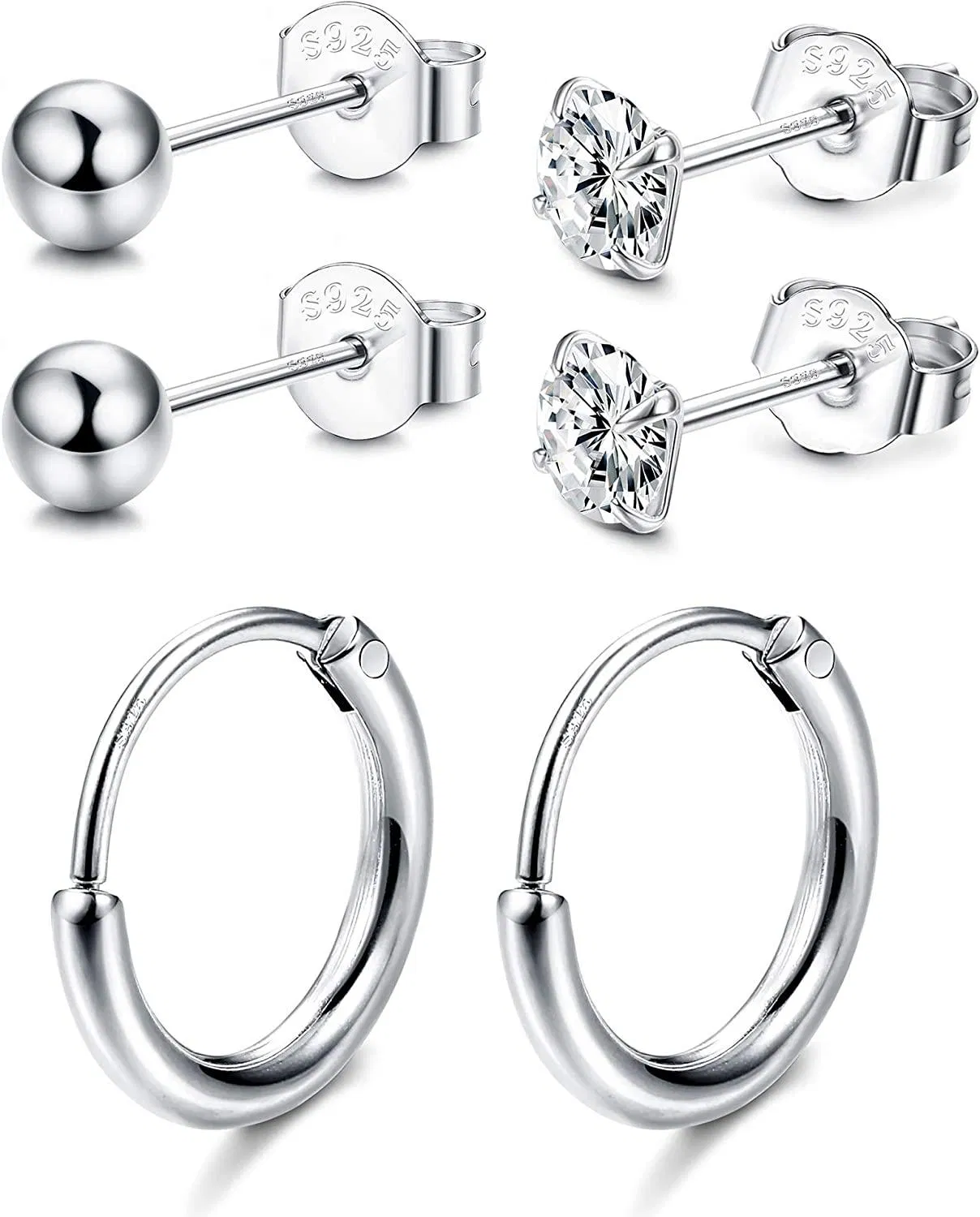 3 Pairs 925 Sterling Stud Earrings for Women Round Ball Cubic Zirconia Stud Earrings Cartilage Hoop Earrings Set - Grocery