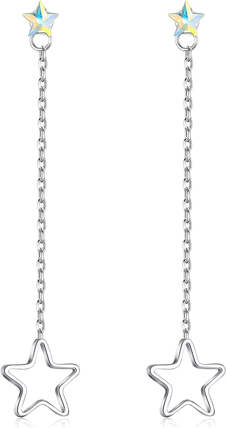 925 Sterling Chain Earrings for Women Star Stud Earrings Austria Crystal Drop Earrings Ear Jackets for Birthday Mother's Day - Grocery